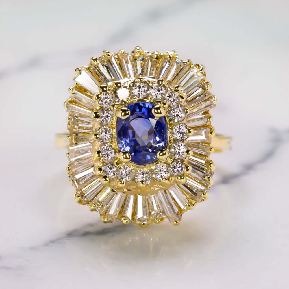 3.2ctw SAPPHIRE 2.5ct DIAMOND BALLERINA RING COCKTAIL YELLOW GOLD OVAL NATURAL