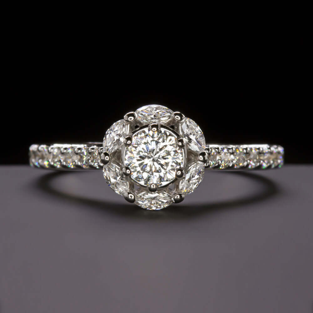 1.12ctw CELEBRITY CUT DIAMOND ENGAGEMENT RING MARQUISE HALO RADIANT STAR ROUND