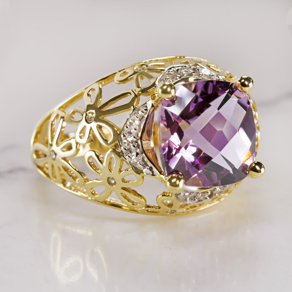 VINTAGE AMETHYST NATURAL DIAMOND COCKTAIL RING YELLOW GOLD PURPLE FLOWER ESTATE