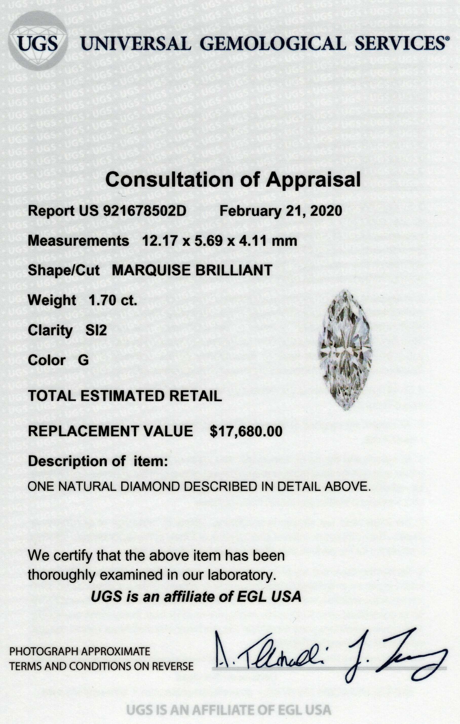 1.70ct CERTIFIED G SI2 MARQUISE CUT DIAMOND ENGAGEMENT LOOSE NATURAL 1.75 CARAT