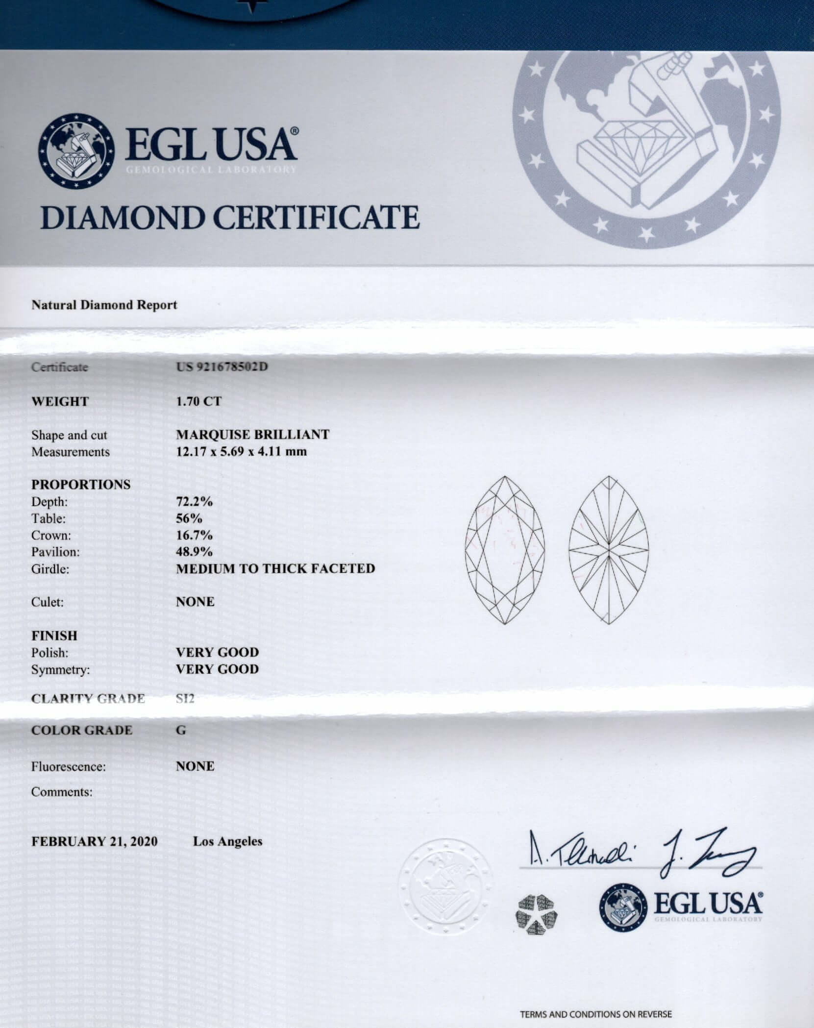 1.70ct CERTIFIED G SI2 MARQUISE CUT DIAMOND ENGAGEMENT LOOSE NATURAL 1.75 CARAT