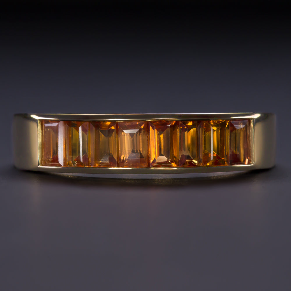 NATURAL ORANGE SAPPHIRE STACKING RING YELLOW GOLD WEDDING BAND BAGUETTE CUT