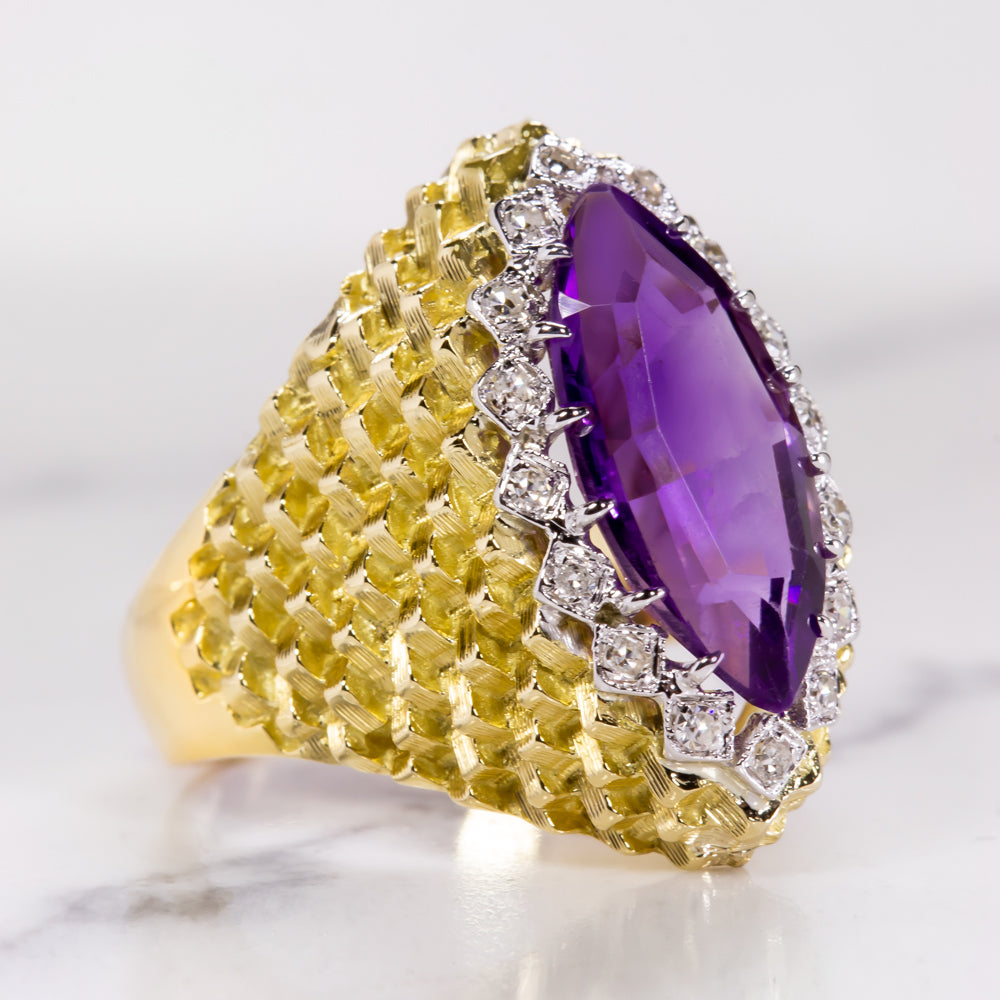 VINTAGE ITALIAN 18K GOLD AMETHYST DIAMOND RING BIG COCKTAIL DESIGNER STATEMENT