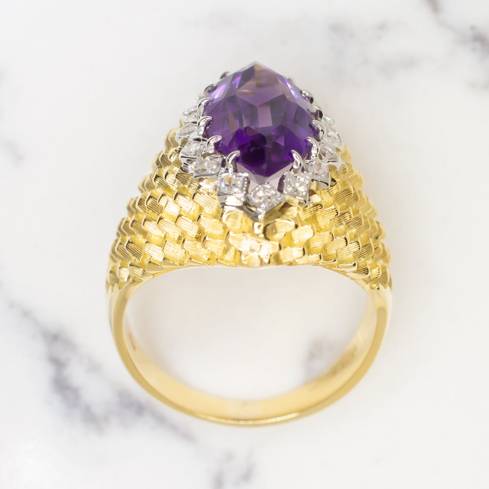 VINTAGE ITALIAN 18K GOLD AMETHYST DIAMOND RING BIG COCKTAIL DESIGNER STATEMENT