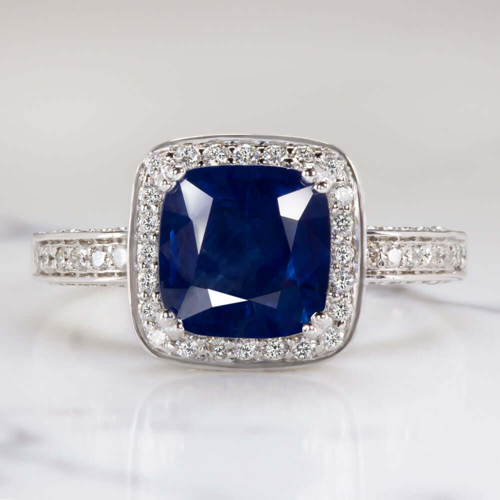 2.95ctw SAPPHIRE DIAMOND COCKTAIL RING HALO CUSHION CUT WHITE GOLD ENGAGEMENT