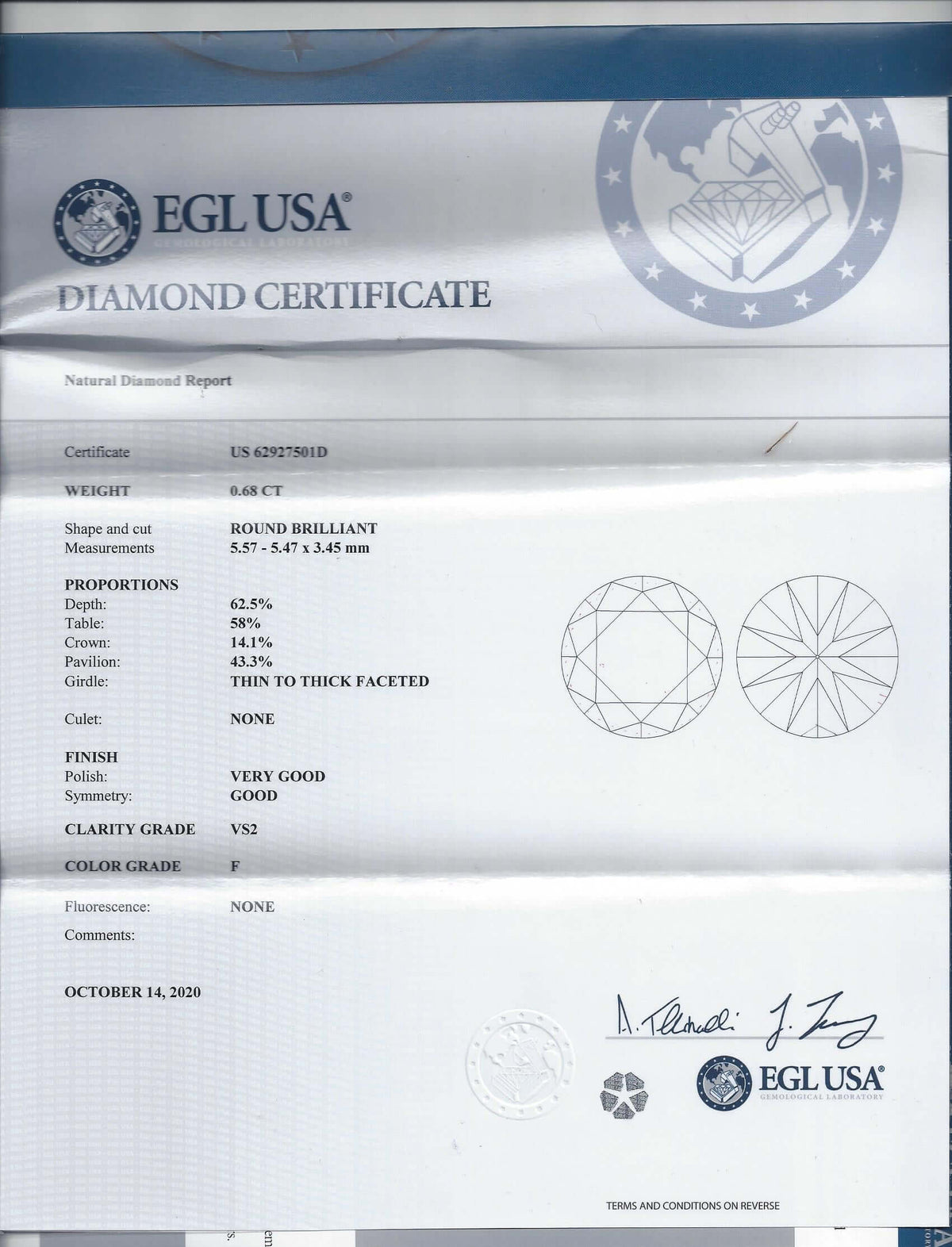 CERTIFIED F VS2 DIAMOND 0.68ct VERY GOOD CUT ROUND BRILLIANT ENGAGEMENT LOOSE