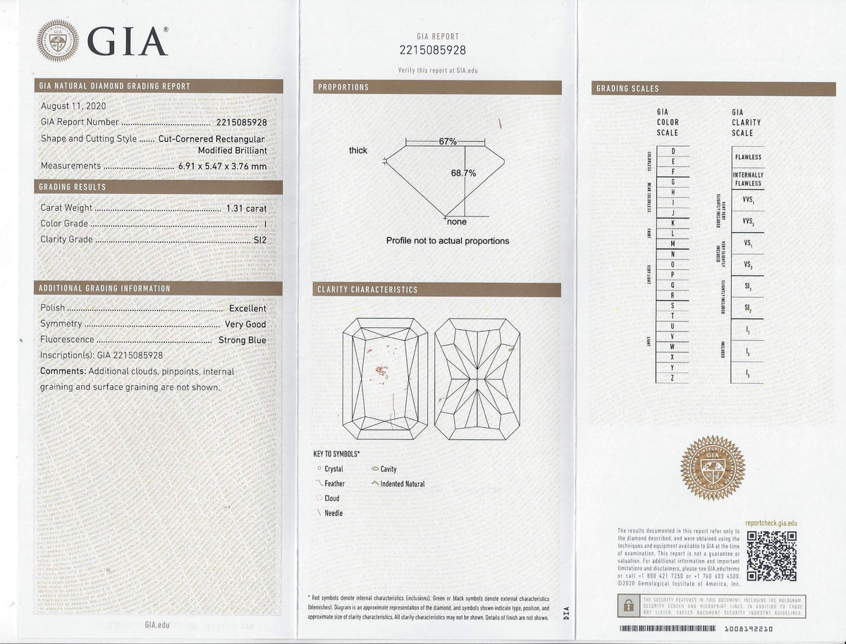 1.31c GIA CERTIFIED I SI2 RADIANT CUT DIAMOND LOOSE ENGAGEMENT ELONGATED NATURAL