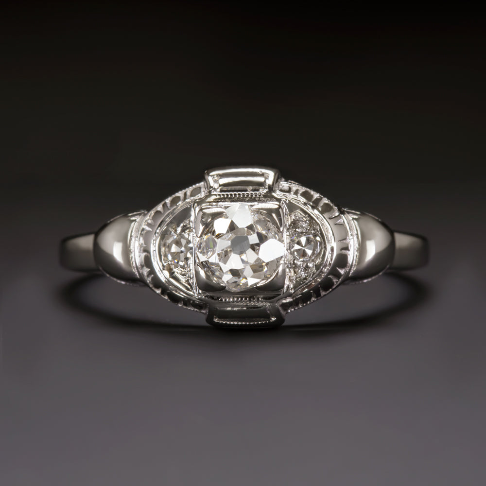 OLD MINE CUT F-G SI1 DIAMOND ANTIQUE ENGAGEMENT RING 18k WHITE GOLD VINTAGE 20s
