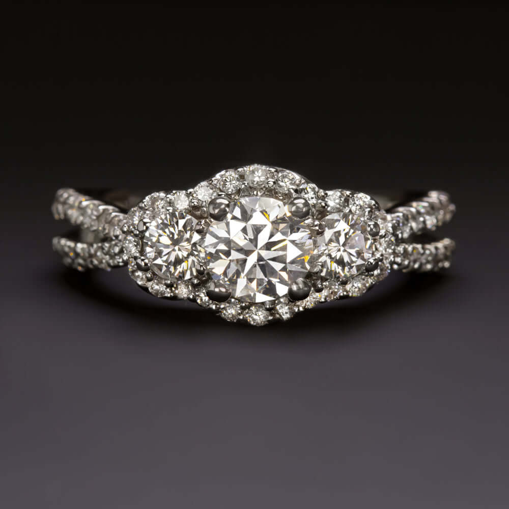 1.5 CARAT DIAMOND ENGAGEMENT RING 3 STONE HALO ROUND BRILLIANT PAVE SPLIT SHANK