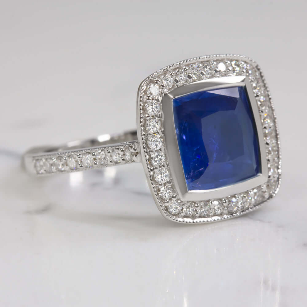 3.5ct SAPPHIRE DIAMOND COCKTAIL RING HALO CUSHION SHAPE WHITE GOLD ENGAGEMENT Ivy & Rose