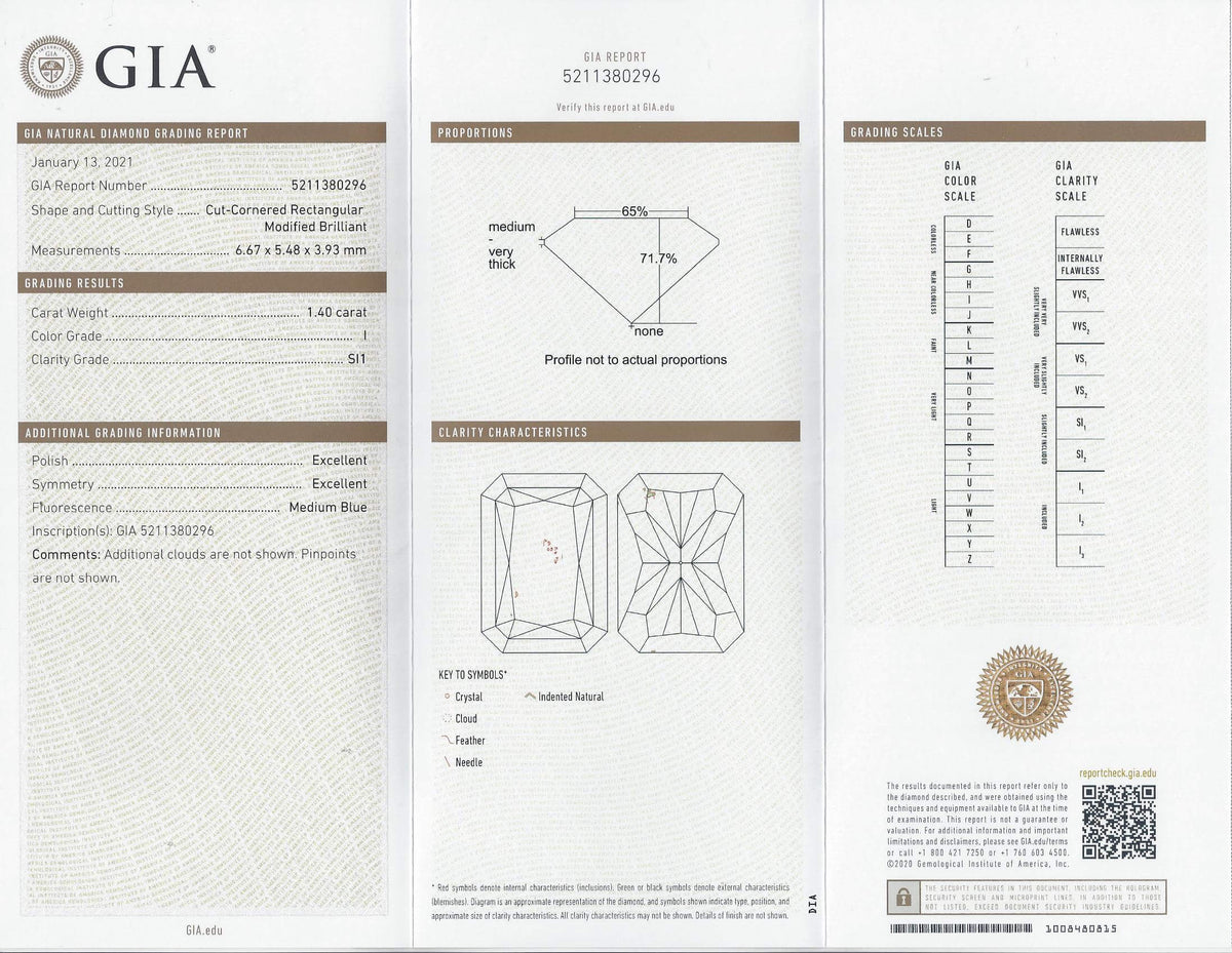 1.40ct GIA CERTIFIED I SI1 RADIANT CUT DIAMOND LOOSE ELONGATED NATURAL 1.5 CARAT