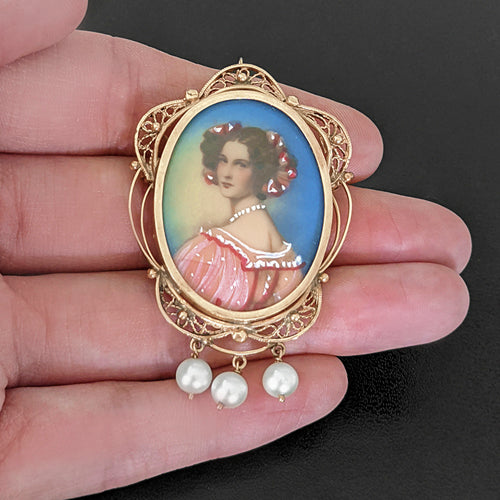 HAND PAINTED VINTAGE PORTRAIT PENDANT 14K YELLOW GOLD PEARL FILIGREE NECKLACE