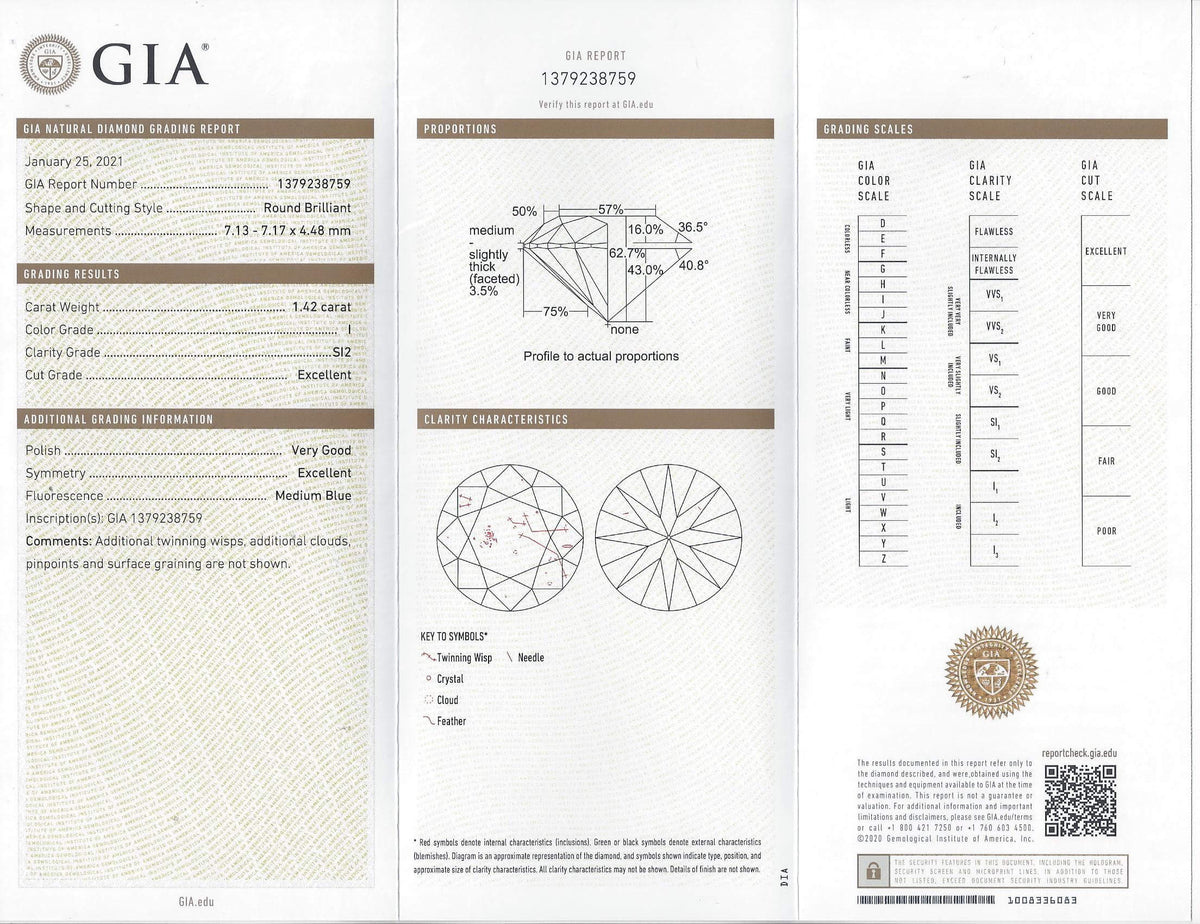 1.42ct GIA CERTIFIED EXCELLENT CUT DIAMOND H&A IDEAL ROUND BRILLIANT I SI2 LOOSE