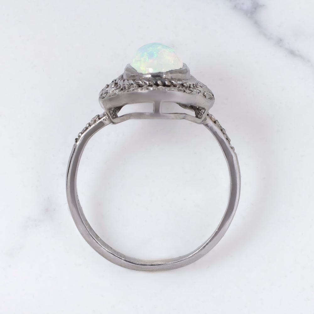 NATURAL OPAL DIAMOND COCKTAIL RING OVAL SHAPE CABOCHON DOUBLE HALO BOHO STYLE