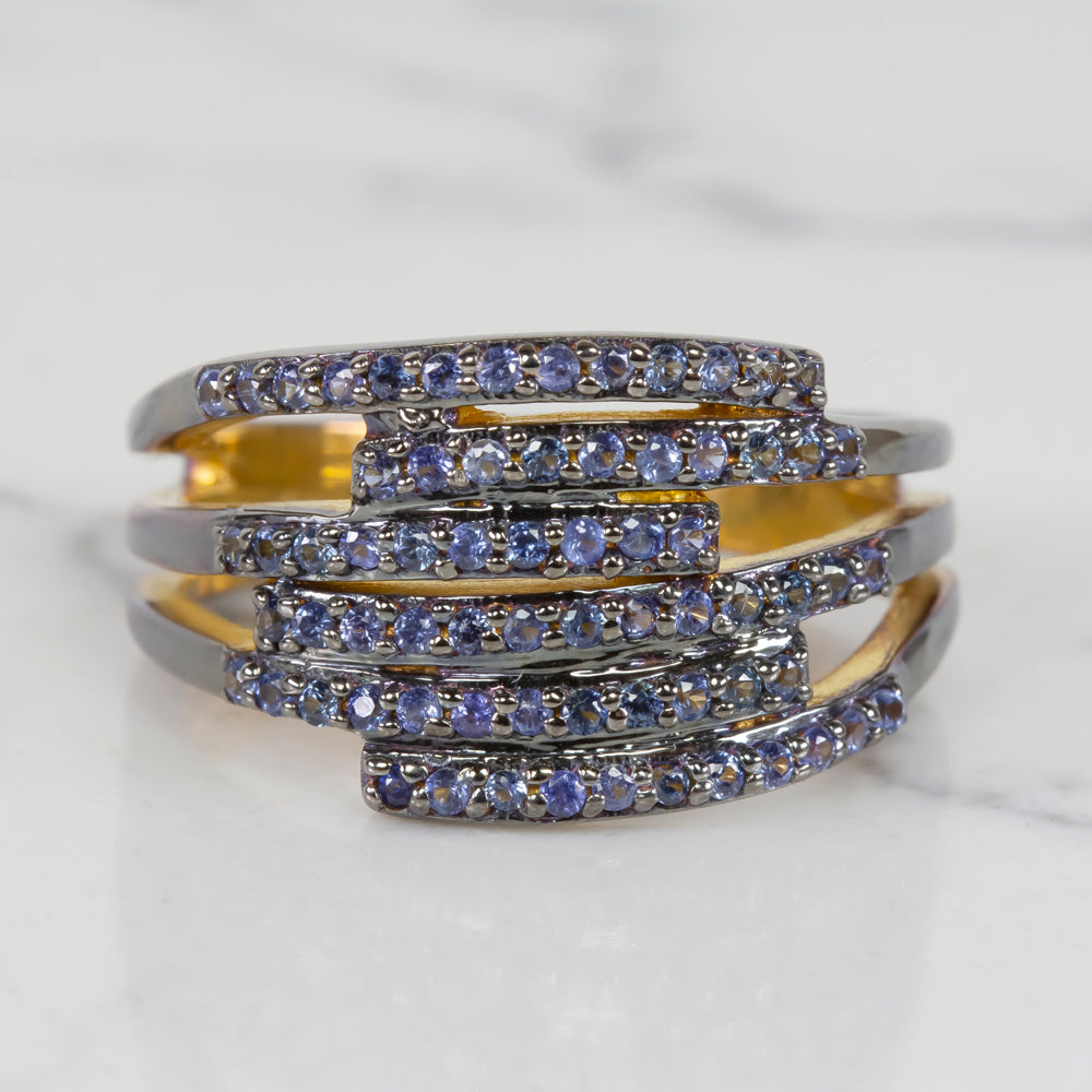 NATURAL EARTH MINED BLUE SAPPHIRE COCKTAIL RING PAVE WIDE BAND MODERN RUSTIC