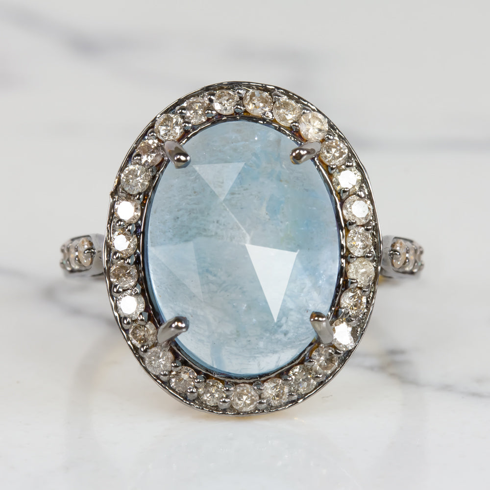 NATURAL AQUAMARINE DIAMOND COCKTAIL RING BLUE OVAL SHAPE ROSE CUT HALO STATEMENT