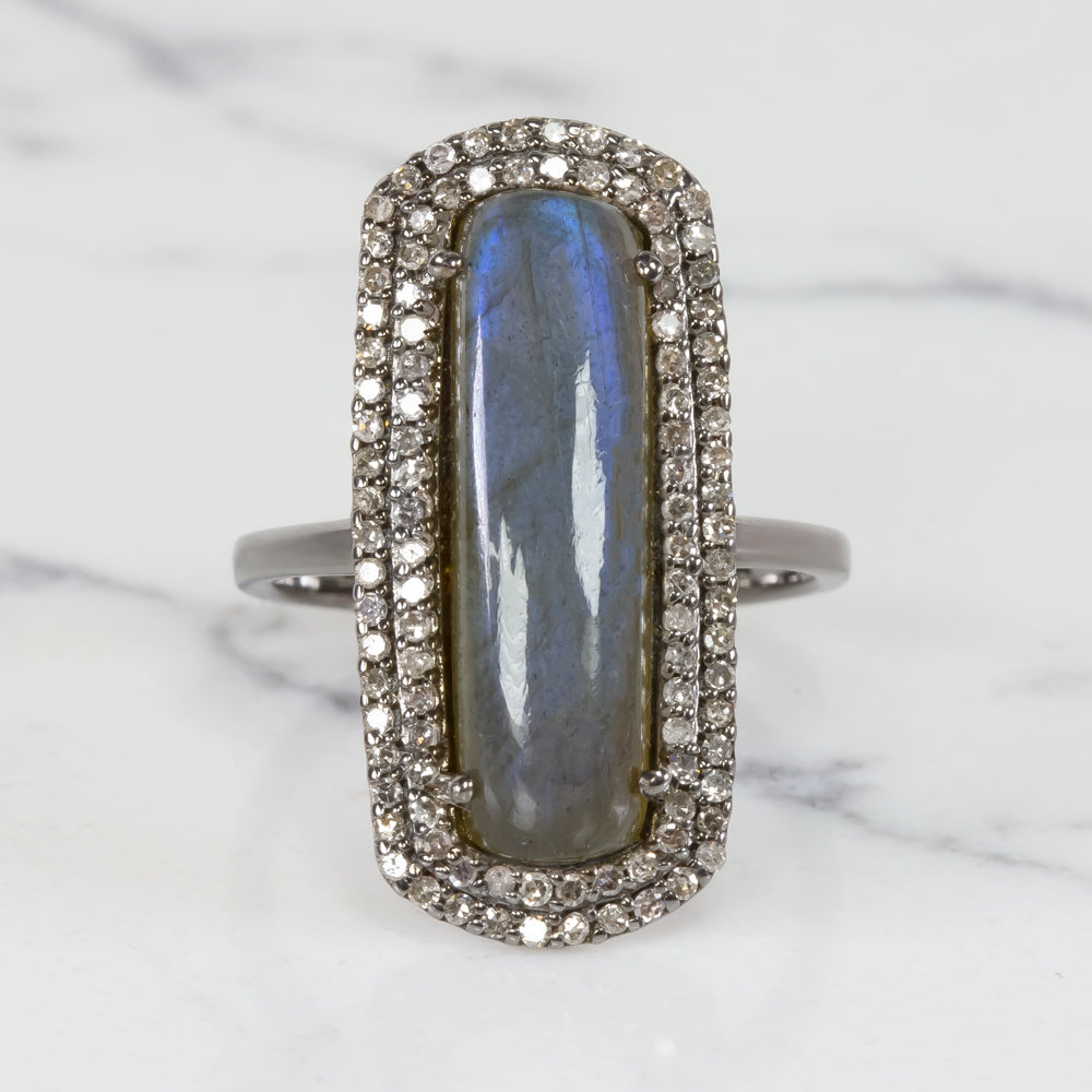 NATURAL LABRADORITE DIAMOND COCKTAIL RING LONG CABOCHON DOUBLE HALO BOHO STYLE