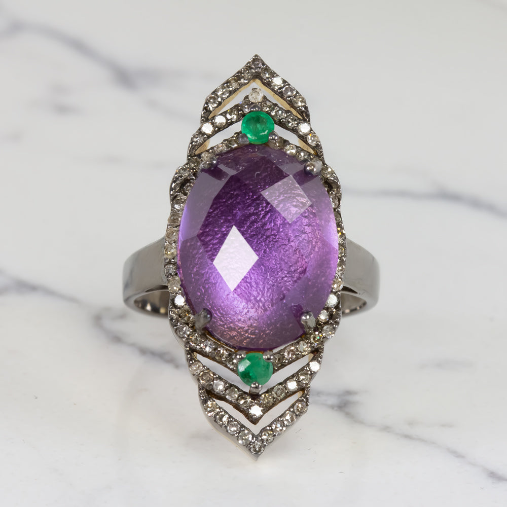 NATURAL AMETHYST DIAMOND COCKTAIL RING PURPLE OVAL SHAPE ROSE CUT BOHO STATEMENT