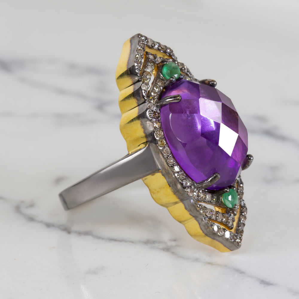 NATURAL AMETHYST DIAMOND COCKTAIL RING PURPLE OVAL SHAPE ROSE CUT BOHO STATEMENT