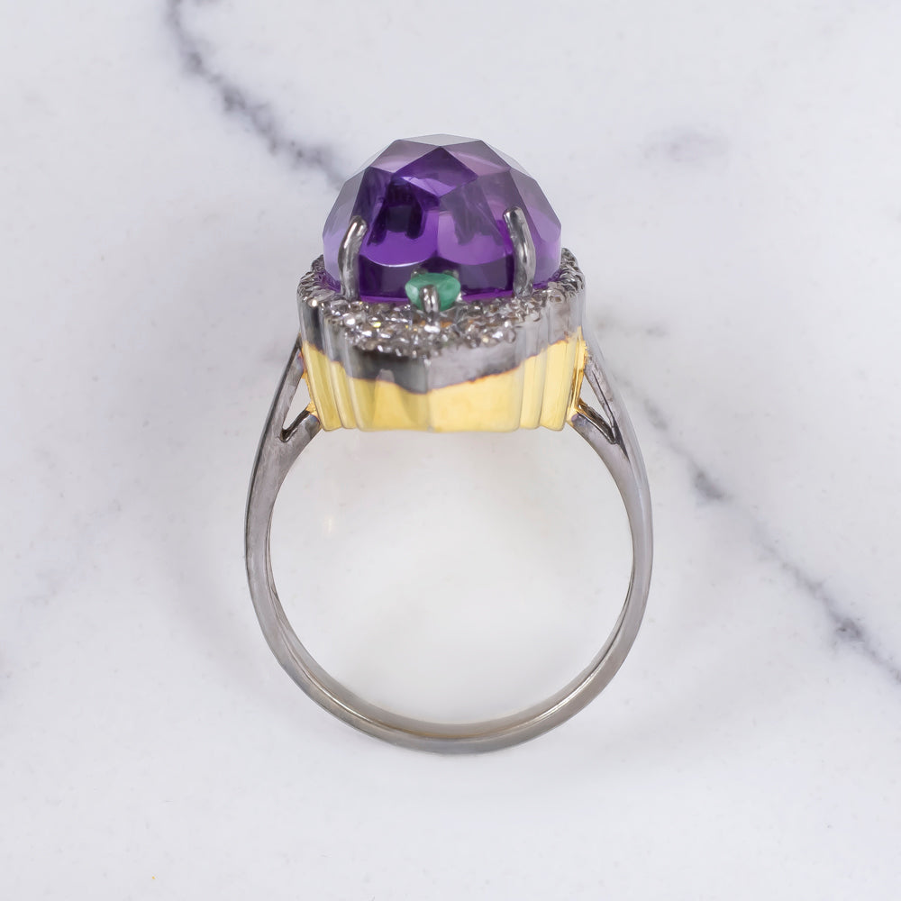 NATURAL AMETHYST DIAMOND COCKTAIL RING PURPLE OVAL SHAPE ROSE CUT BOHO STATEMENT