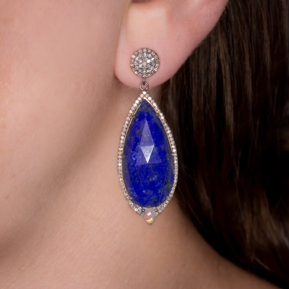 NATURAL LAPIS DIAMOND EARRINGS STATEMENT DROP DANGLE PEAR TEARDROP BLUE BIG LONG Ivy & Rose