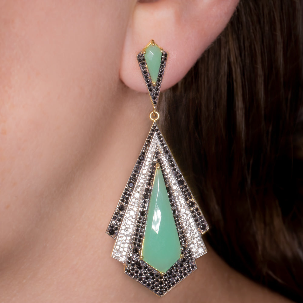 NATURAL CHALCEDONY WHITE ZIRCON BLACK SPINEL EARRINGS 3in ART DECO DROP DANGLE Ivy & Rose