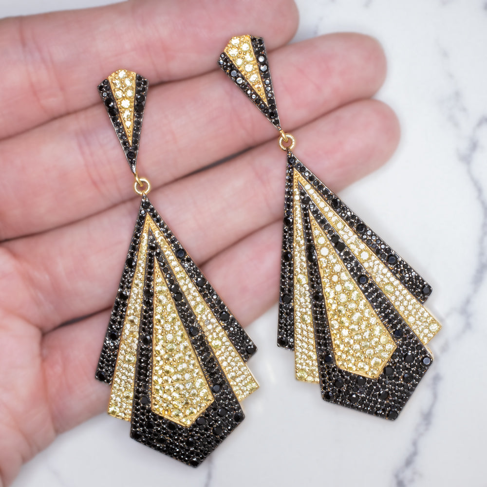 NATURAL YELLOW SAPPHIRE BLACK SPINEL EARRINGS 3 INCH ART DECO STYLE DROP DANGLE