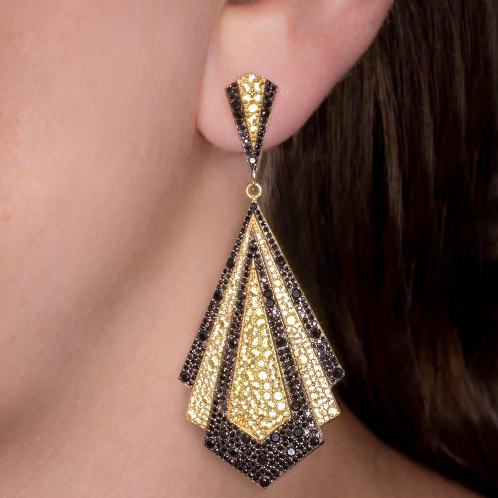 NATURAL YELLOW SAPPHIRE BLACK SPINEL EARRINGS 3 INCH ART DECO STYLE DROP DANGLE