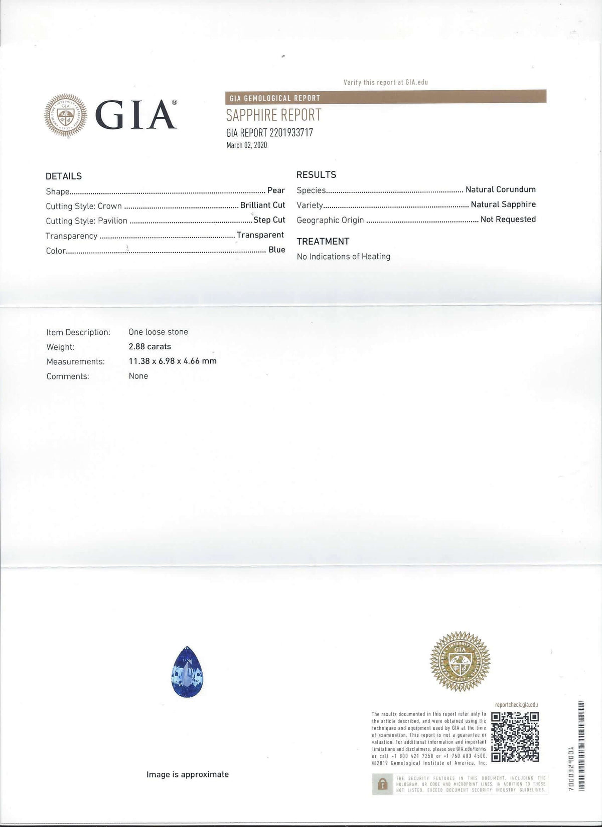 2.88ct GIA CERTIFIED NO HEAT CEYLON SAPPHIRE PEAR CUT TEARDROP SHAPE LOOSE 3ct