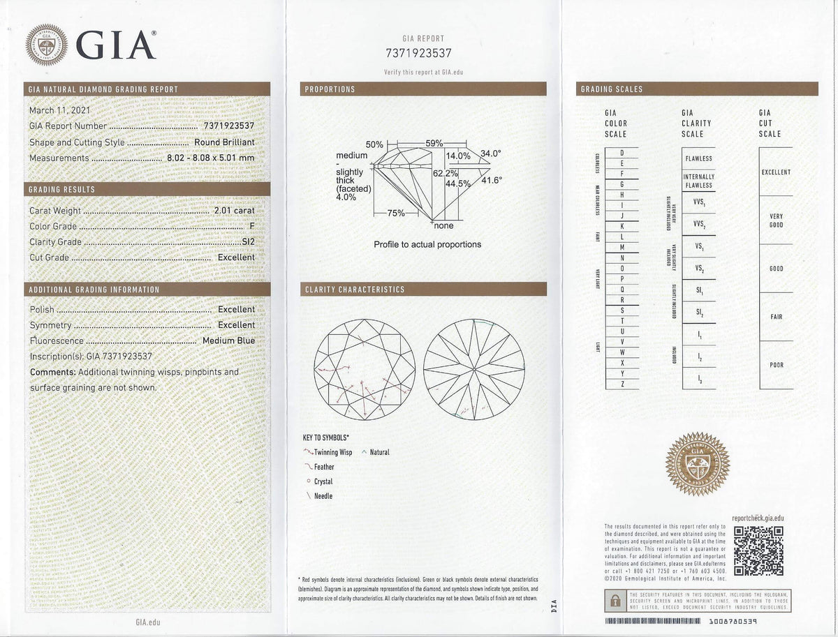 2 CARAT GIA CERTIFIED 3x EXCELLENT CUT F SI2 DIAMOND CLEAN ROUND BRILIANT 2ct