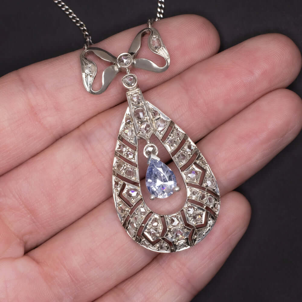 ANTIQUE EDWARDIAN CEYLON SAPPHIRE DIAMOND PENDANT NECKLACE VINTAGE ROSE CUT BOW