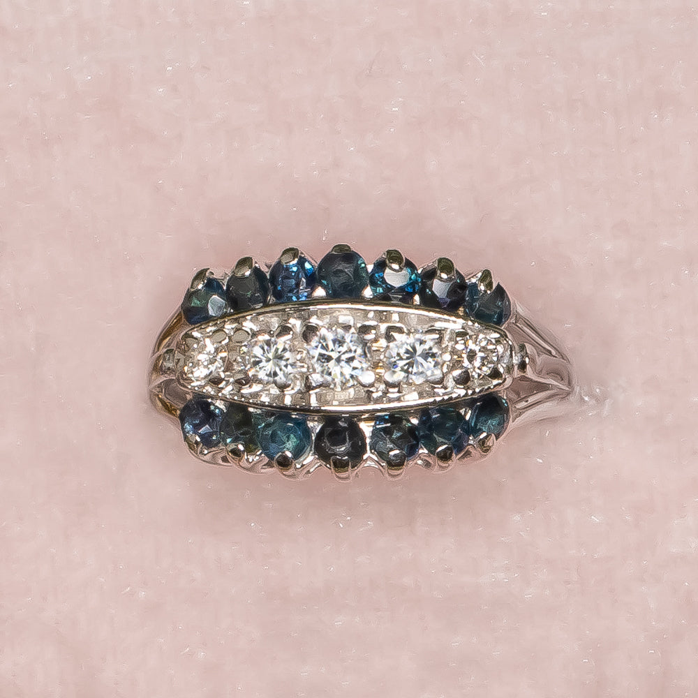 SAPPHIRE DIAMOND COCKTAIL RING CLUSTER 14K WHITE GOLD NATURAL ESTATE 3 ROW BLUE Ivy & Rose