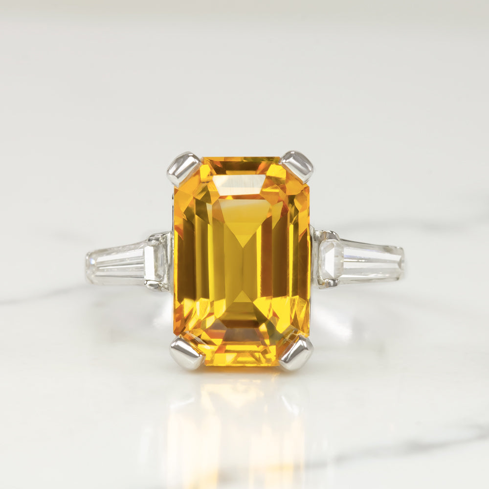 GIA CERTIFIED 4.11ct SAPPHIRE DIAMOND RING PLATINUM EMERALD CUT YELLOW ORANGE
