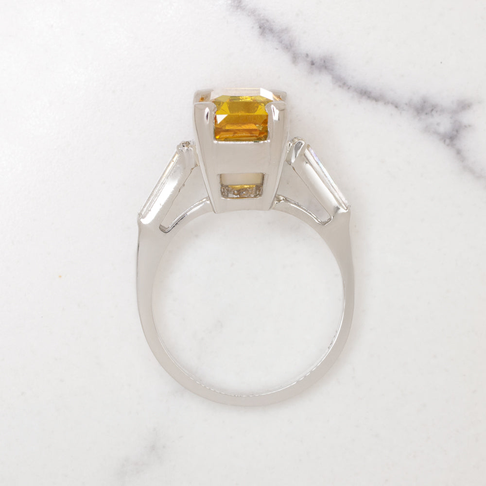 GIA CERTIFIED 4.11ct SAPPHIRE DIAMOND RING PLATINUM EMERALD CUT YELLOW ORANGE