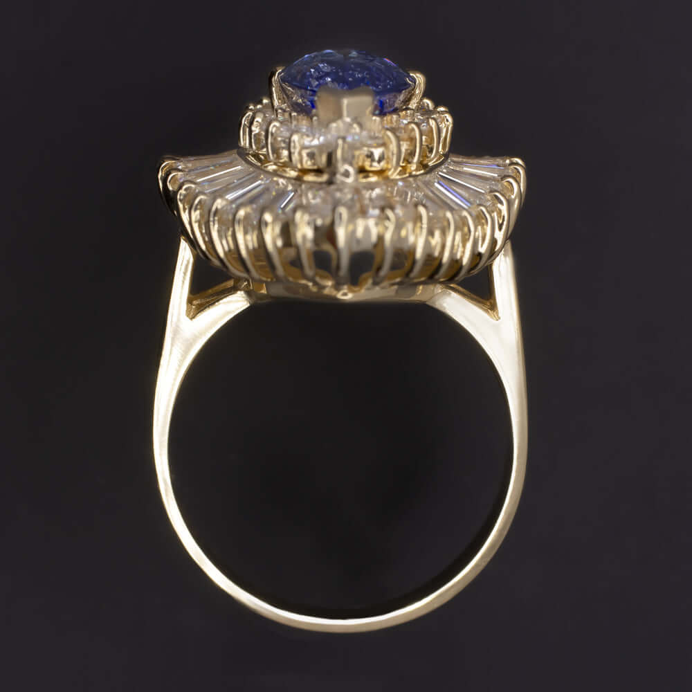 7.33ct MARQUISE SAPPHIRE DIAMOND BALLERINA RING 28mm BIG COCKTAIL YELLOW GOLD