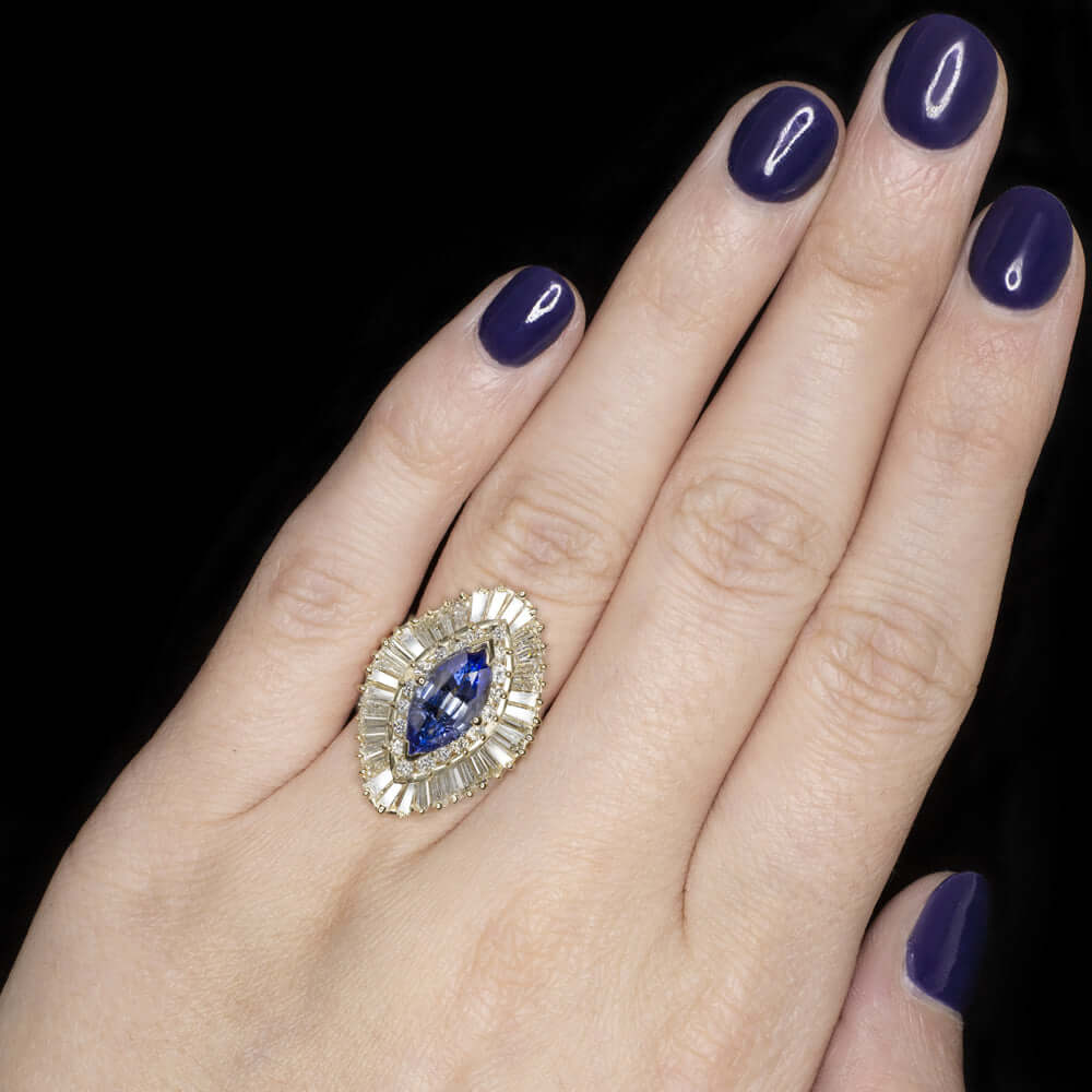 7.33ct MARQUISE SAPPHIRE DIAMOND BALLERINA RING 28mm BIG COCKTAIL YELLOW GOLD