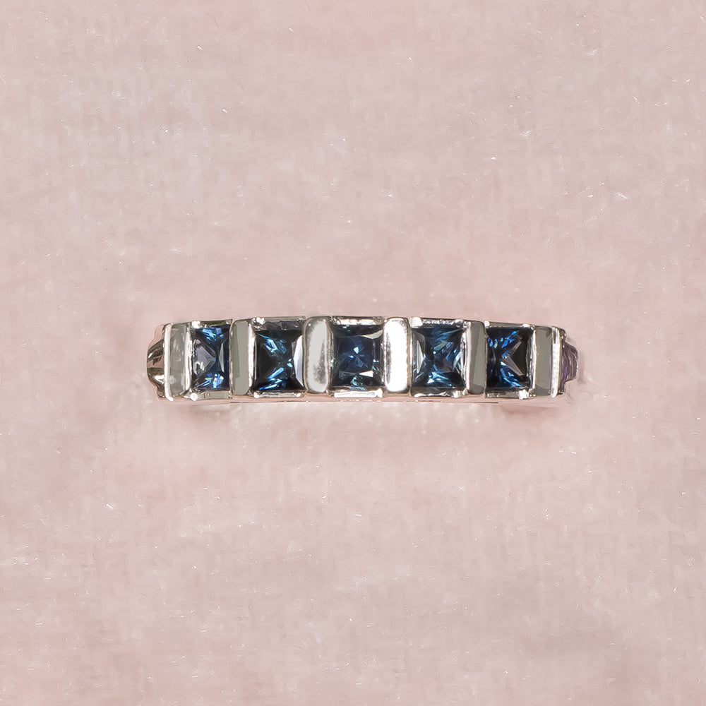 NATURAL SAPPHIRE STACKING RING WEDDING BAND 14K WHITE GOLD PRINCESS CUT BLUE 3/4