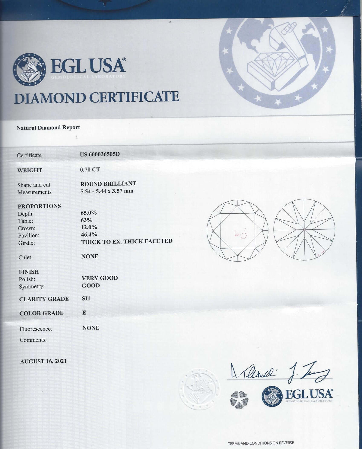 0.70c CERTIFIED E SI1 DIAMOND ROUND BRILLIANT CUT NATURAL LOOSE ENGAGEMENT 3/4ct