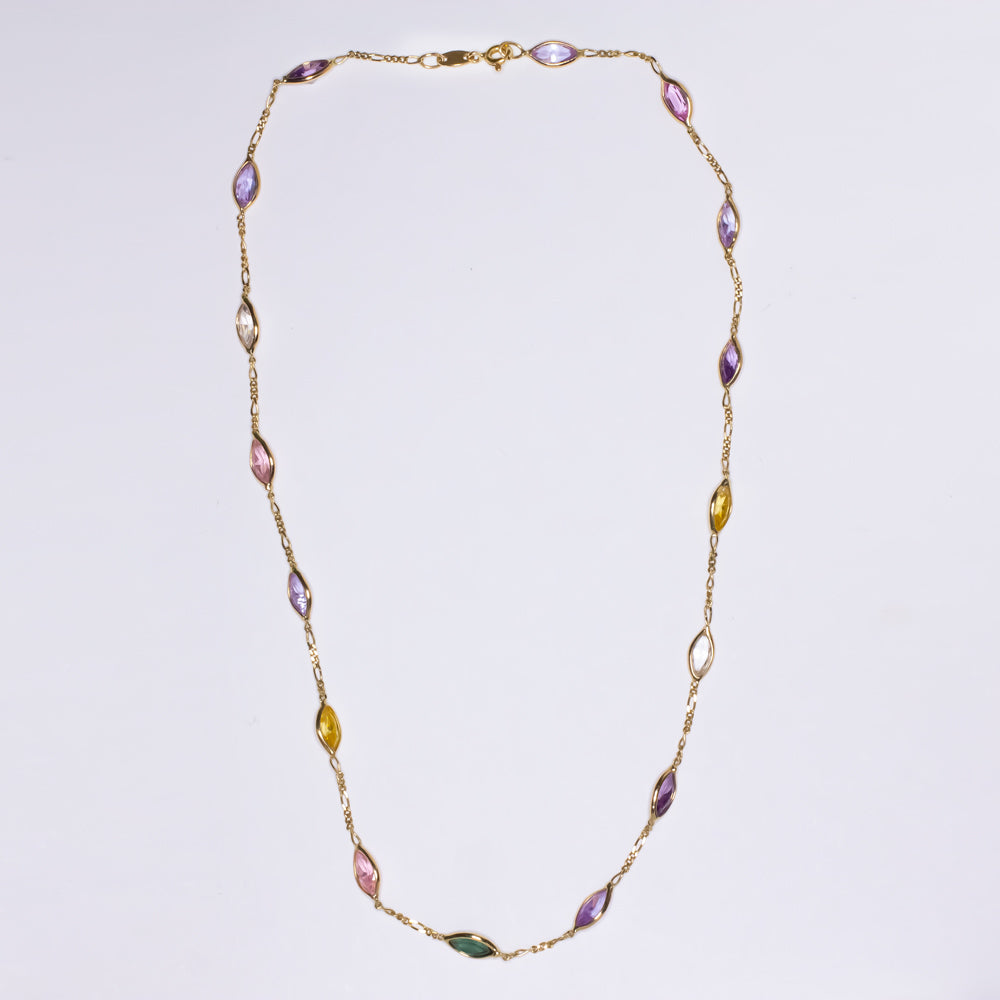 SAPPHIRE STATION NECKLACE 18k YELLOW GOLD 16in GEMSTONE CHAIN RAINBOW MARQUISE