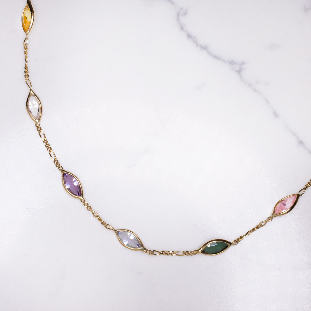 SAPPHIRE STATION NECKLACE 18k YELLOW GOLD 16in GEMSTONE CHAIN RAINBOW MARQUISE