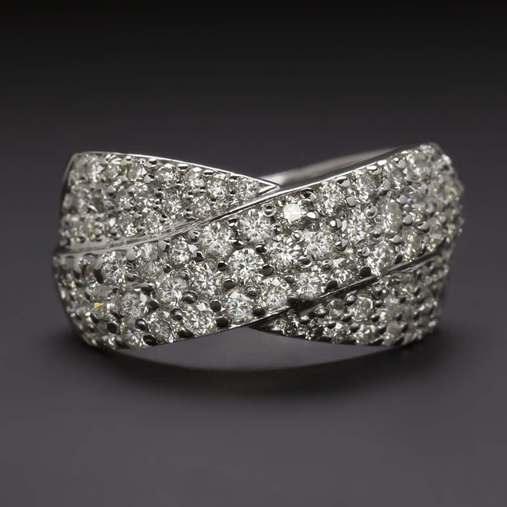 2 CARAT DIAMOND CRISS CROSS BAND WIDE COCKTAIL RING 6gm WHITE GOLD NATURAL 2ct