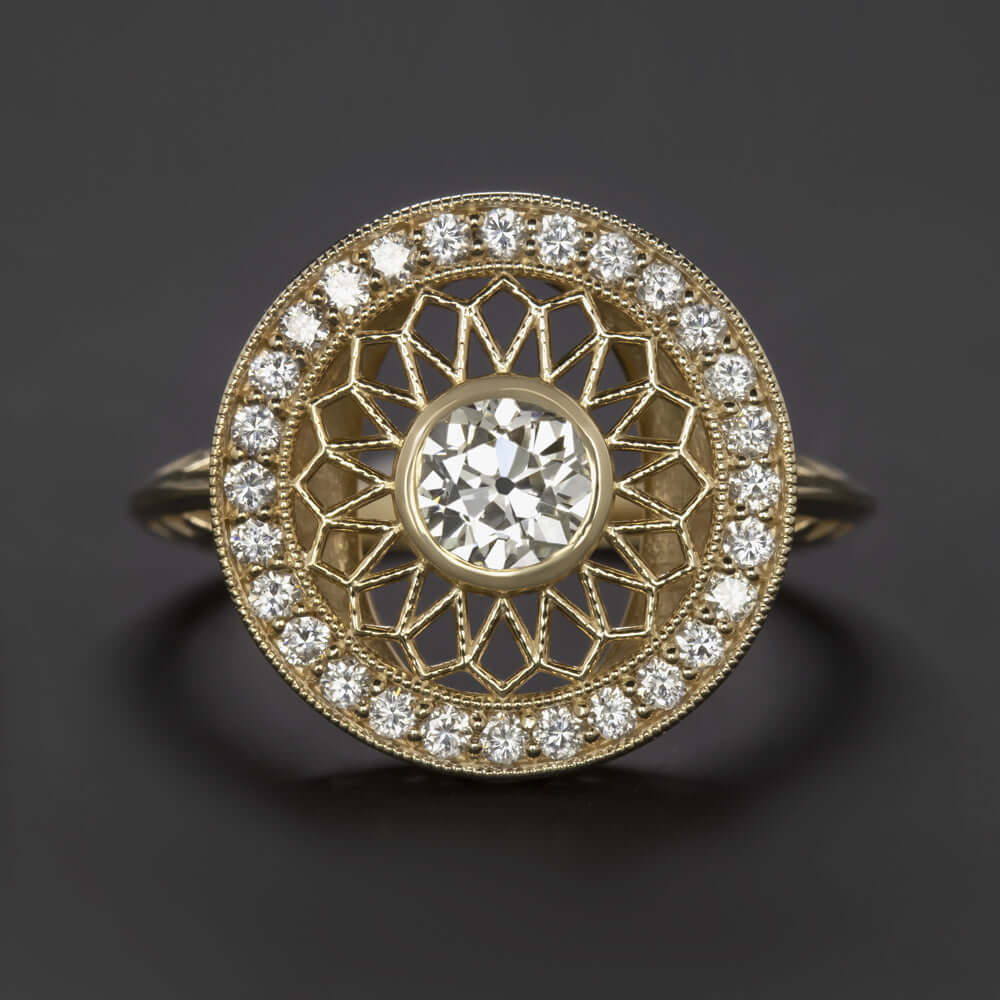 0.84ct VS2 OLD EUROPEAN CUT DIAMOND COCKTAIL RING YELLOW GOLD FILIGREE VINTAGE