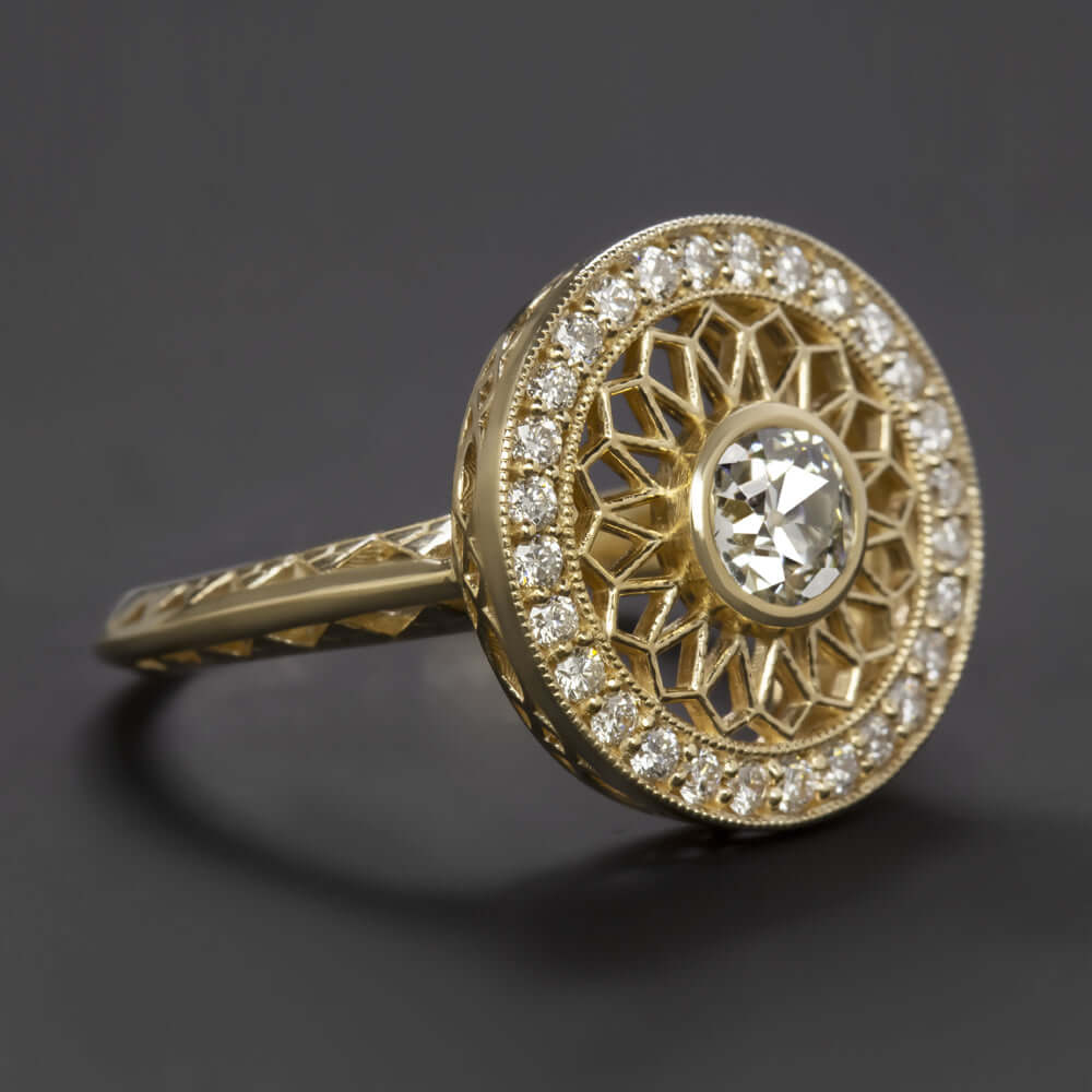 0.84ct VS2 OLD EUROPEAN CUT DIAMOND COCKTAIL RING YELLOW GOLD FILIGREE VINTAGE