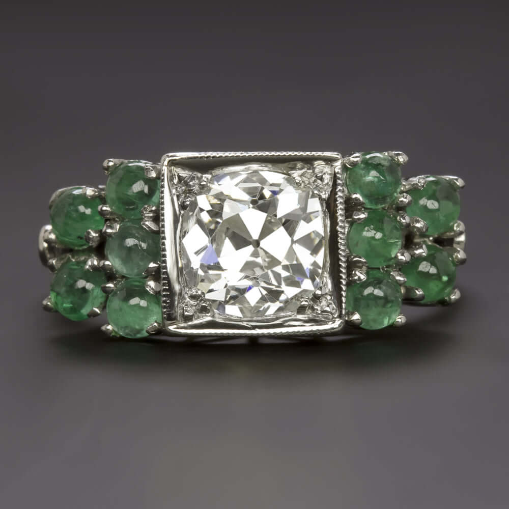 1.19ct CERTIFIED OLD MINE CUT DIAMOND ENGAGEMENT RING EMERALD PLATINUM VINTAGE