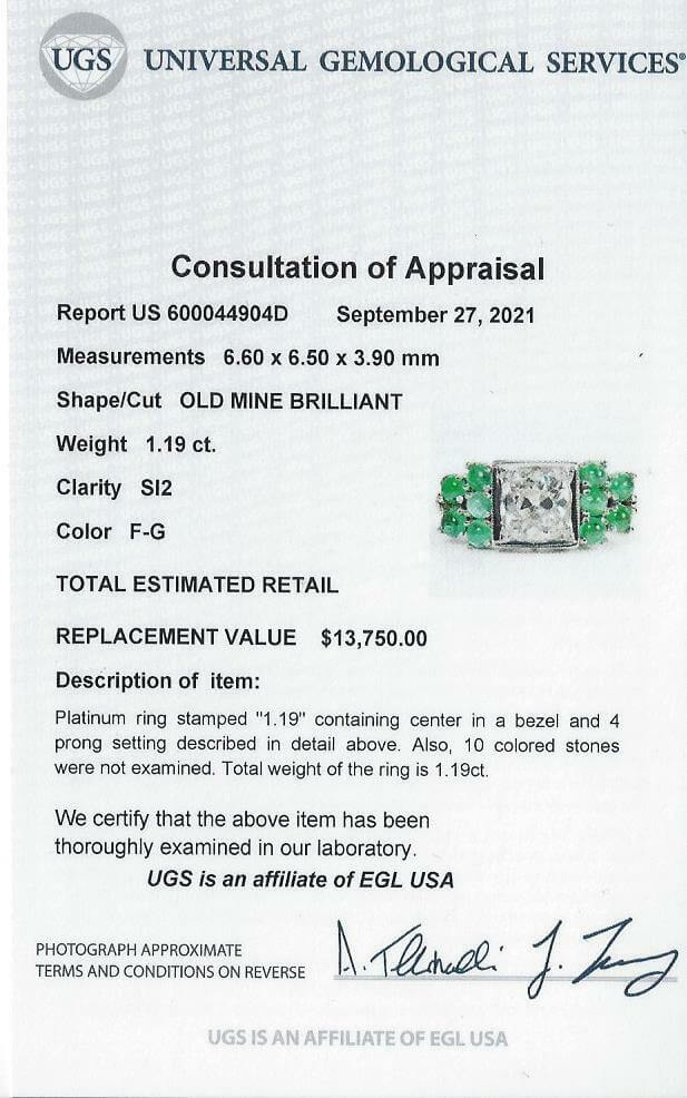 1.19ct CERTIFIED OLD MINE CUT DIAMOND ENGAGEMENT RING EMERALD PLATINUM VINTAGE