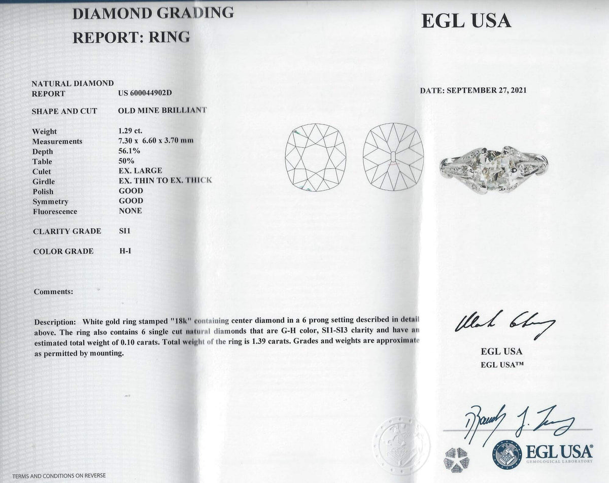 1.39c CERTIFIED H-I SI1 OLD MINE CUT DIAMOND ENGAGEMENT RING 18k VINTAGE ANTIQUE