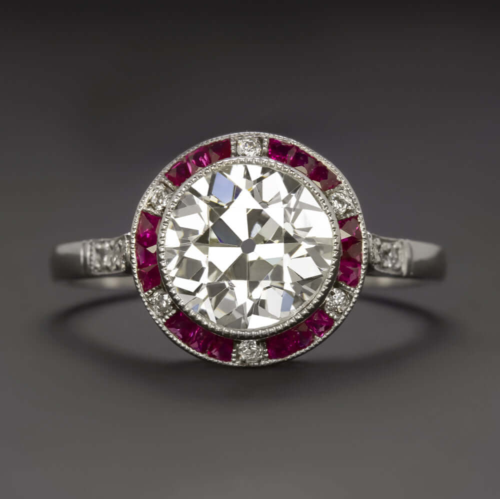 1.82ct CERT J-K VS1 OLD CUT DIAMOND ENGAGEMENT RING RUBY PLATINUM VINTAGE STYLE