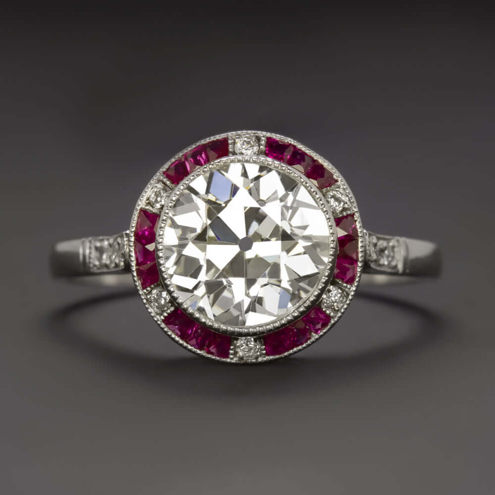 1.82ct CERT J-K VS1 OLD CUT DIAMOND ENGAGEMENT RING RUBY PLATINUM VINTAGE STYLE