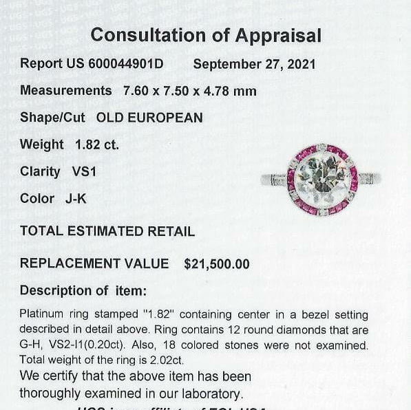 1.82ct CERT J-K VS1 OLD CUT DIAMOND ENGAGEMENT RING RUBY PLATINUM VINTAGE STYLE