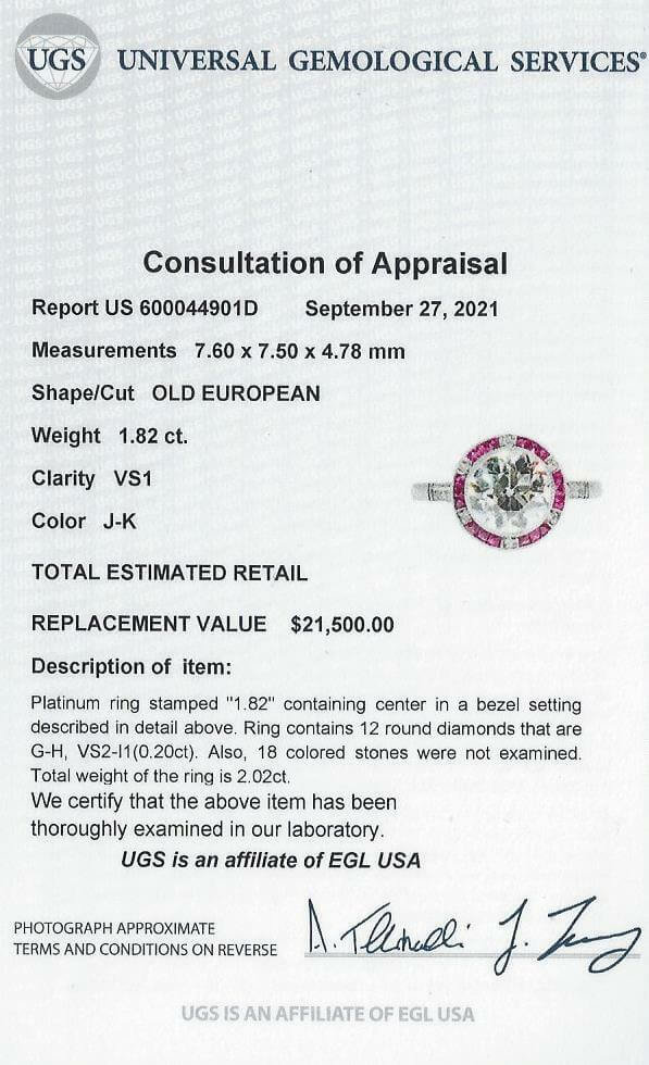 1.82ct CERT J-K VS1 OLD CUT DIAMOND ENGAGEMENT RING RUBY PLATINUM VINTAGE STYLE